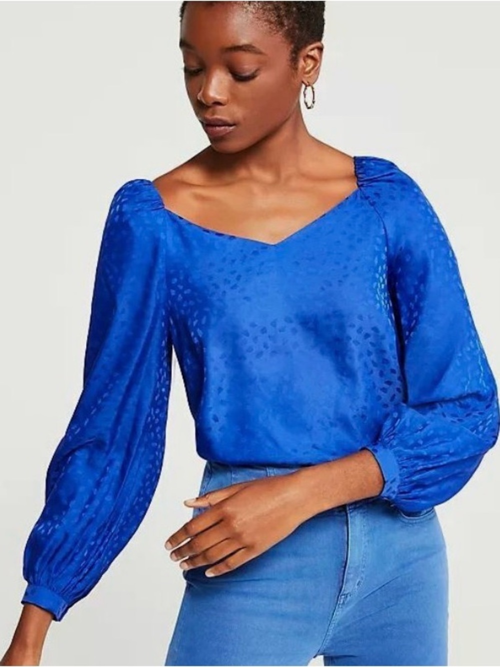Ann Taylor Cobalt Blue Satin Square-Neck Long-Sleeve Satin Blouse - Office Siren
